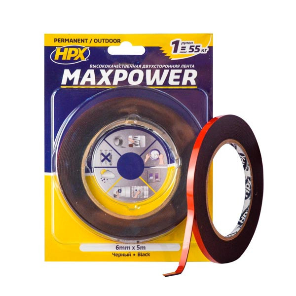 Стрічка двохстороння MAXPOWER 6мм х 5м чорна (блістер)